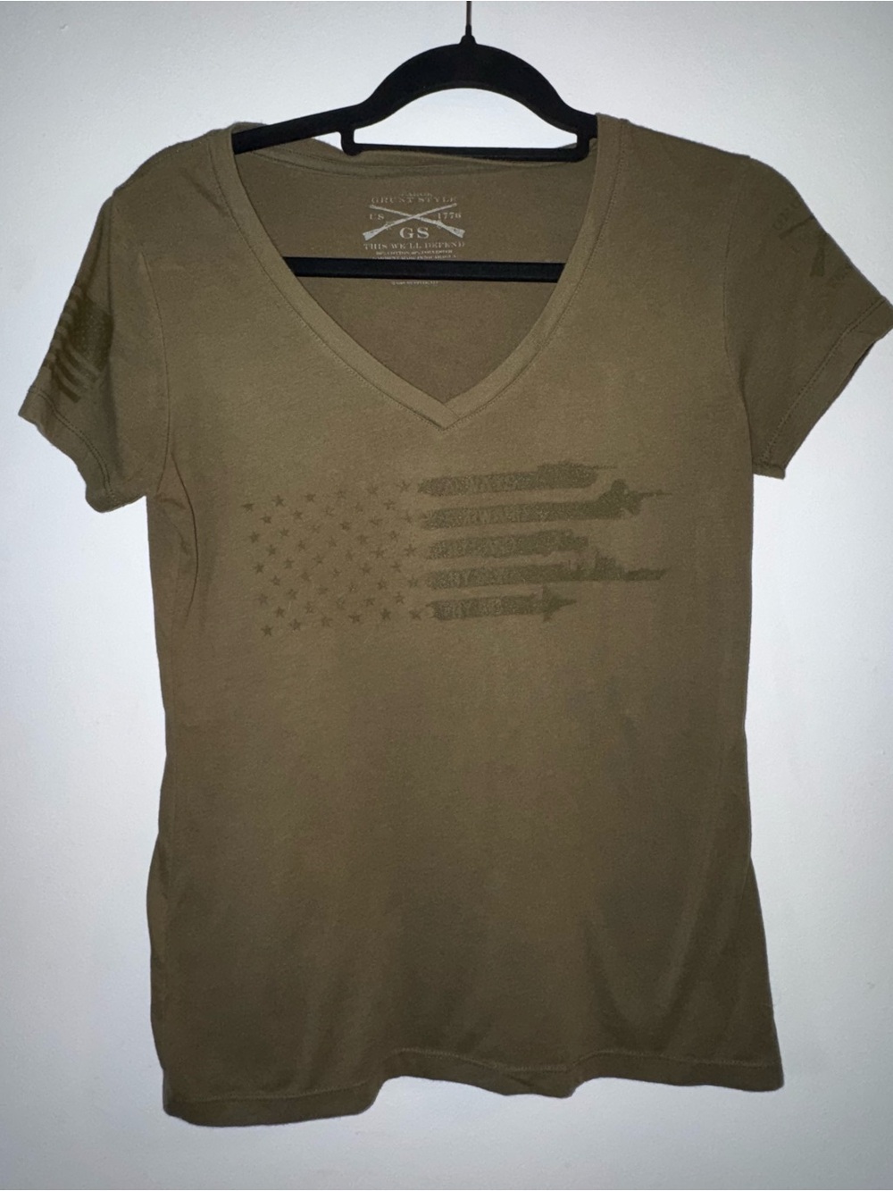 Grunt Style Olive Green V-Neck Flag Graphic Tee
